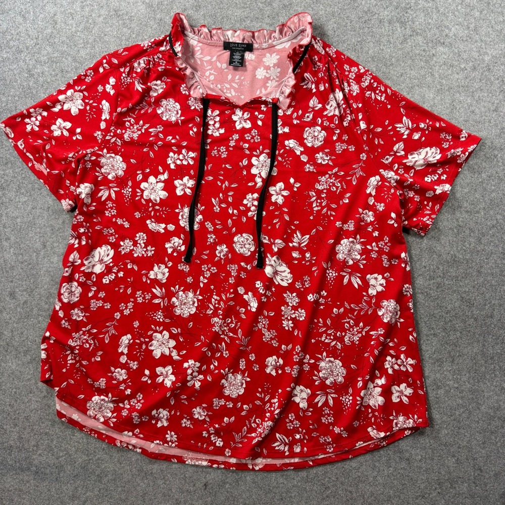 Love Ryan Womens 1728MP05A355R Blouse 3X Red Floral Ruffle Tie Neck